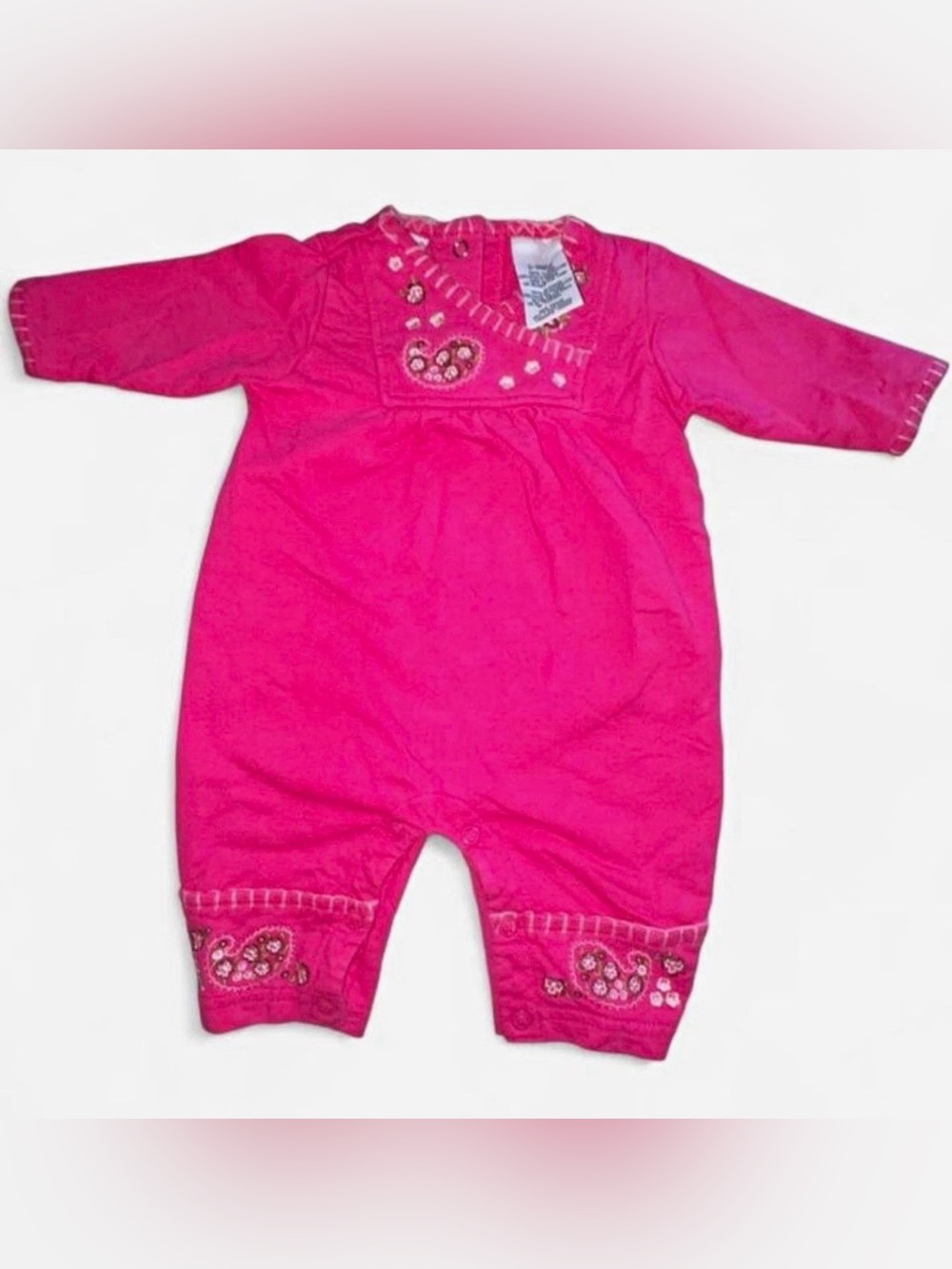 Simply Basic Pink Paisley Embroidered Long Sleeve 100% Cotton 0-3M Romper